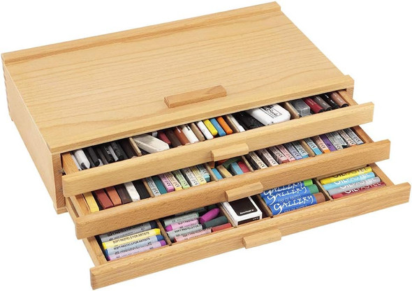 Creative Mark Pastel Storage Box, 3 Drawer Wood Box With Foam Lining, Sturdy And Stackable Art And Craft Supplies Storage Box For Artist Tools, Pens, Pencils And More, Natural Finish