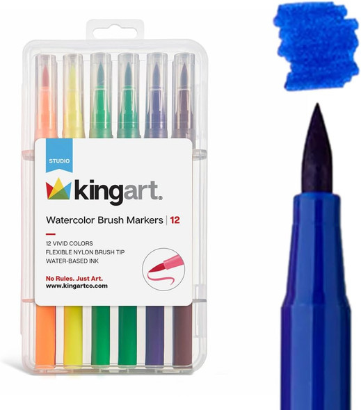 Kingart 'Watercolor-Effect' Brush Markers, 12 Colors - Brightly Colored Markers, Journaling, Lettering, Coloring Books, And More, Convenient Carrying Case