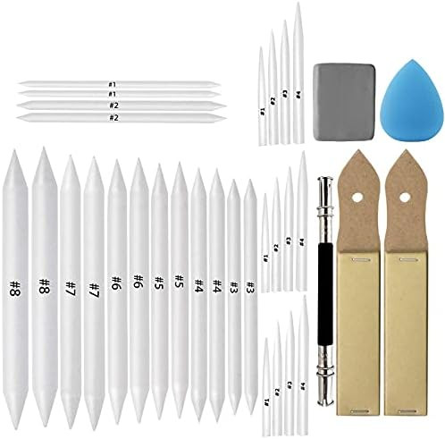 Kootiko 33 Pcs Blending Stumps And Tortillions Paper Art Blenders Drawing With Sandpaper Pencil Sharpener Extension Kneaded Eraser Rubbing Sponge For Student Artist Charcoal Sketch Drawing Tool