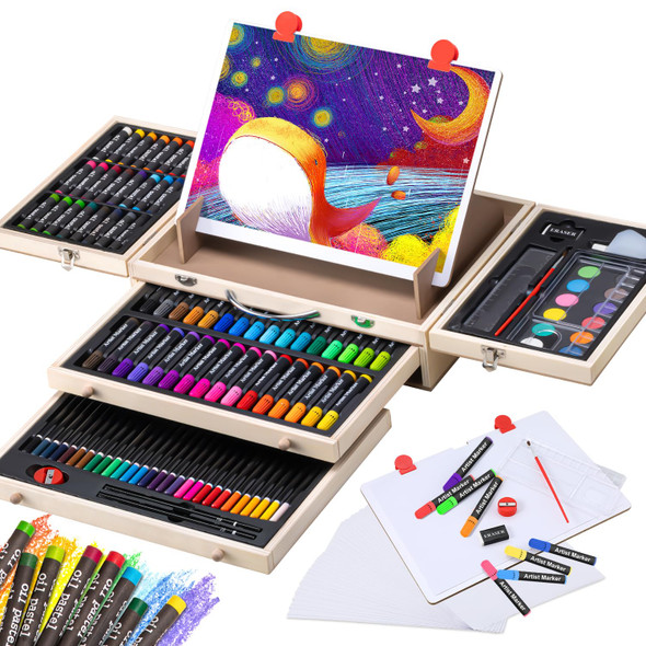 Vigorfun Art Supplies, Wooden Art Set Crafts Kit With Drawing Easel, Deluxe Kids Art Set, Oil Pastels, Colored Pencils, Watercolor Cakes, Creative  For Kids, Teens, Beginners Girls Boys
