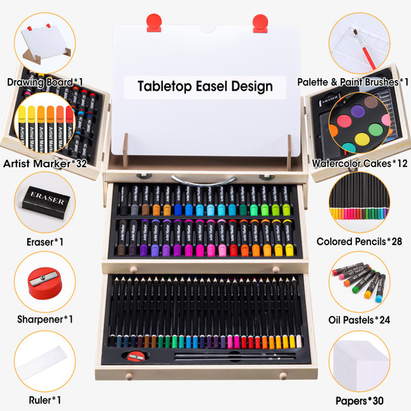Vigorfun Art Supplies, Wooden Art Set Crafts Kit With Drawing Easel, Deluxe Kids Art Set, Oil Pastels, Colored Pencils, Watercolor Cakes, Creative  For Kids, Teens, Beginners Girls Boys