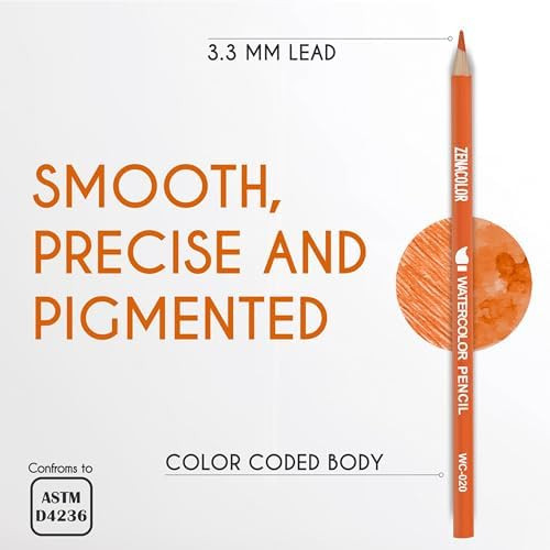 Zenacolor Professional Watercolor Pencils, Set Of 72, Metal Box With Brush - Drawing Set For Coloring, Blending And Layering Books, Adult Or Kids