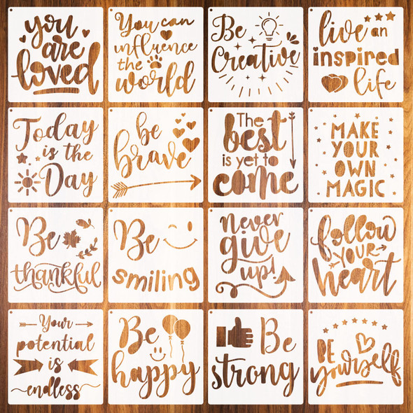 Zonon 16 Pcs Inspirational Word Stencil 7.87 Inch Motivational Quote Reusable Polyester Film Template Stencils With Open Ring For Back To School Students Crafts Painting On Wood, Drawing Wall