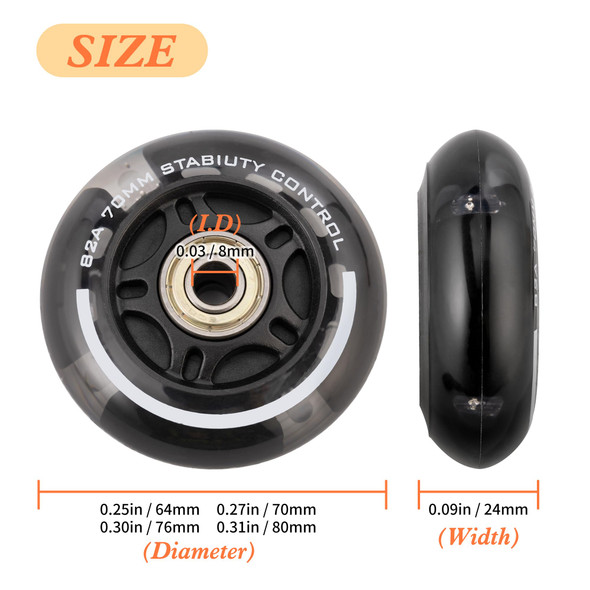 2PM SPORTS 4 Pack 76mm, 82A Inline Skate Wheels with ABEC-7 Bearing, Indoor/Outdoor Inline Skates Wheels