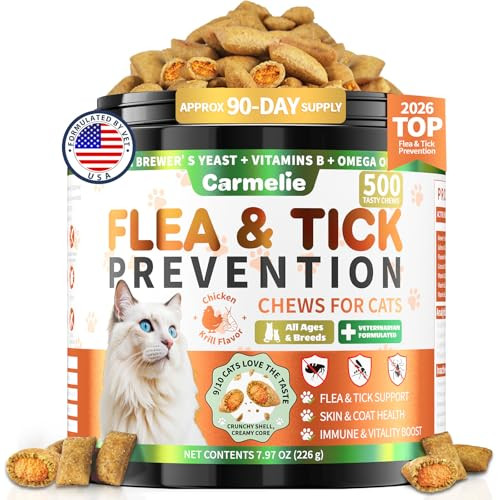 Carmelie Flea And Tick Prevention For Cats 500 Crunchy & Creamy Chews Cat Flea Chewables With Natural Oral Flea Treatment Supplement Cats Skin & Coat Support - All Breeds & Ages - Chicken And Krill Flavor