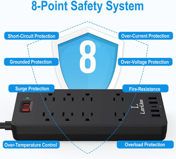 Power Strip, LANUEE Surge Protector with 5 USB Ports (1 USB C Port) and 8 Outlets, 6 FT Flat Plug Extension Cord (1875W/15A) for Home, Office, Dorm Essentials, 4000 Joules, ETL Listed, Black