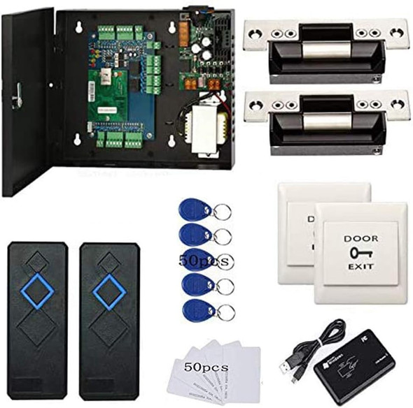2 Door Access Control Board System Kits with 110-240V Power Supply Box North American ANSI Electric Strike Lock RFID Reader Exit Button Enroll Reader RFID Card & Key Fobs,Phone APP Remotely Open Door 2 Door Access Control Board System Kits with 110-240V Power Supply Box North American ANSI Electric Strike Lock RFID Reader Exit Button Enroll Reader RFID Card & Key Fobs,Phone APP Remotely Open Door