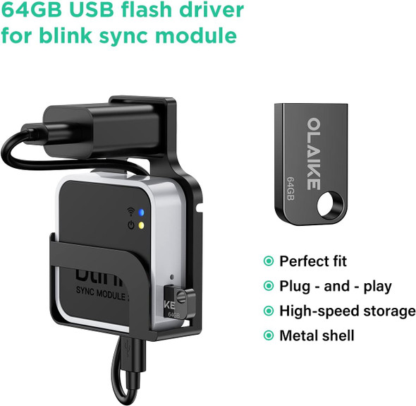 OLAIKE Outlet Wall Mount for Blink Sync Module 2, Easy to Remove Bracket Holder with Short Cable and 64GB USB Flash Drive for Blink Outdoor Indoor Security Camera(NOT Included Blink Sync Module),Black