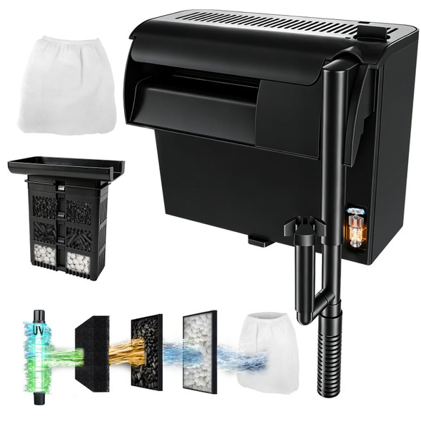 Tararium Large Hang On Back Aquarium Filter 264Gph For 40-100 Gal. Fish Tank W/ U-V Light Surface Skimmer 13-Stage Filtration Suspension Oxygen Deodorization Green Clean Machine Saltwater Freshwater Clear