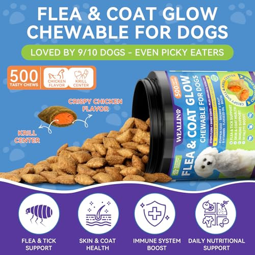 Weallin Flea And Tick Prevention For Dogs Dog Flea Treatment With Skin & Coat Support 500 Crunchy & Krill Chews Dog Flea And Tick Treatment Chewable For Immunity & Energy For All Breeds & Ages Chicken Flavor