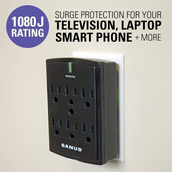 Sanus On-Wall Low Profile 1080J Fireproof Surge Protector With 6 Ac Outlets & 3 Lines Of Protection - Includes Power Signal Filtering Black