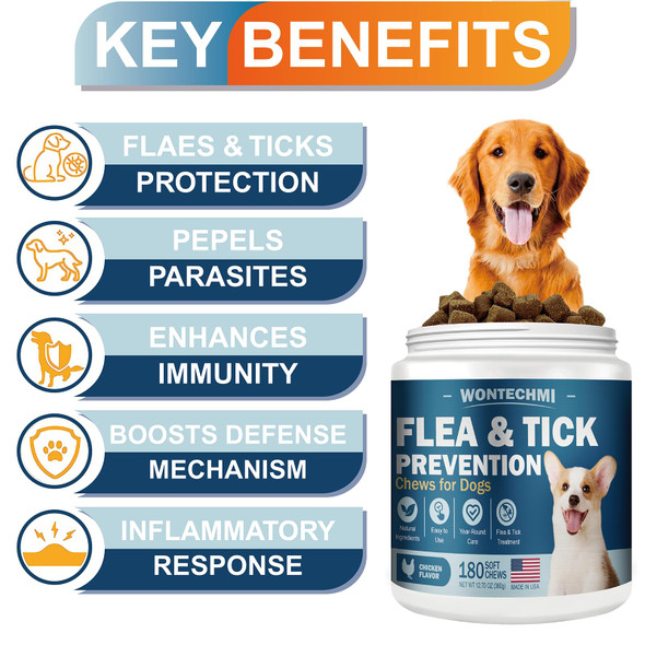 Wontechmi Flea And Tick Prevention For Dogs Chewables 180 Chews Natural Chews Supplement For Dogs Oral Dog Flea And Tick Treatment For All Breeds And Ages (180 Chews Chicken)