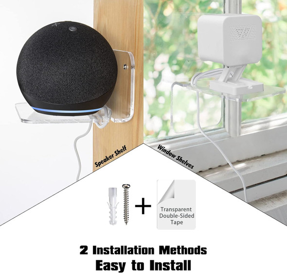 SIPRDE Acrylic Small Wall Shelf Set of 3 for Security Cameras, Speakers, Baby Monitors & More - 4'' Universal Adhesive Shelf Easy to Install No Drill, with Cable Clips (Clear)