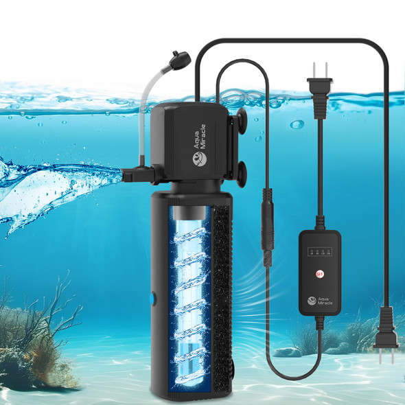 Aquamiracle Aquarium Filter With U - V Light & Filter Sponge Fish Tank Filter With Timer For Green Water Turtle Filter With Aeration & Rainfall Mode For Aquarium 10-30 Gallon