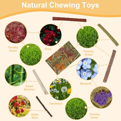Artkida 65Pcs Rabbit Bunny Guinea Pig Chew Toys Treats Chinchilla Hamster Chews Toys For Teeth Timothy Hay Chips Treats Sticks For Rabbit Guinea Pig Chinchilla Hamster Rat