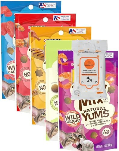 Aurora Pet Variety Pack (5) Natural Yums Cat Treats (Salmon Tuna Chicken Shrimp Catnip) 2.1-Oz Each With Aurorapet Wipes