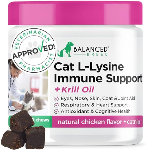 Balanced Breed L-Lysine Cats Immune Support Soft Chews Made In Usa Vet-Pharmacist Approved Seasonal Allergy Relief Cat Vitamins Indoor Cats Supplements Krill Oil Asthma Relief Cat Lysine Treats Nongmo