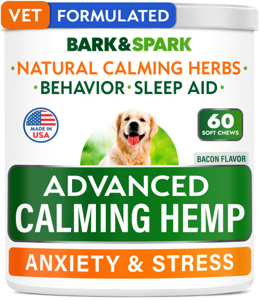 Bark&Spark Calming Hemp Treats For Dogs - Made In Usa With Hemp Oil - Anxiety Relief - Separation Aid - Stress Relief During Fireworks Storms Thunder - Aggressive Behavior Barking - 240 Soft Chews
