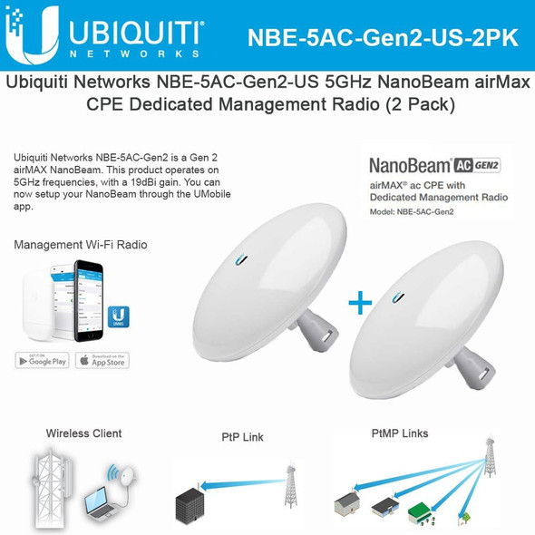 NanoBeam AC Gen2 NBE-5AC-Gen2-US 5GHz airMAX CPE with Dedicated Management Radio Bridge (2 Pack) NanoBeam AC Gen2 NBE-5AC-Gen2-US 5GHz airMAX CPE with Dedicated Management Radio Bridge (2 Pack)