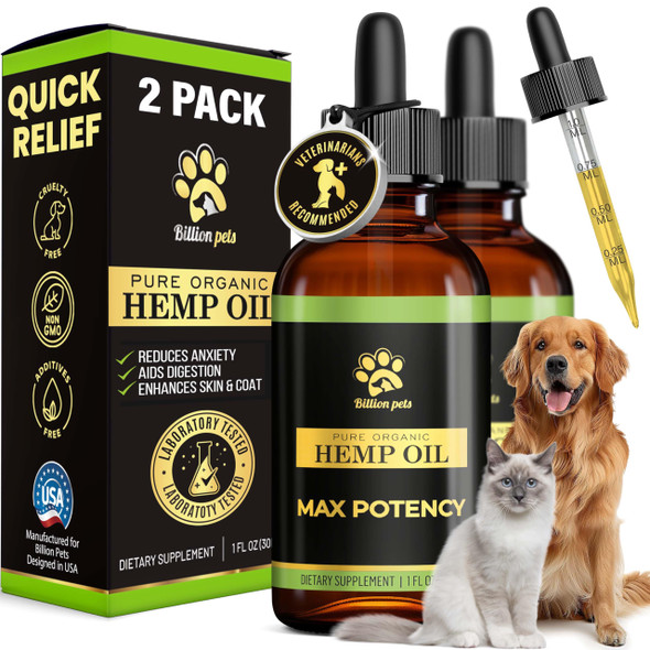 Billion Pets - Hemp Oil For Dogs And Cats - Helps With Anxiety Pain Stress Sleep Arthritis Seizures Relief - Hip And Joint Support - Calming Drops