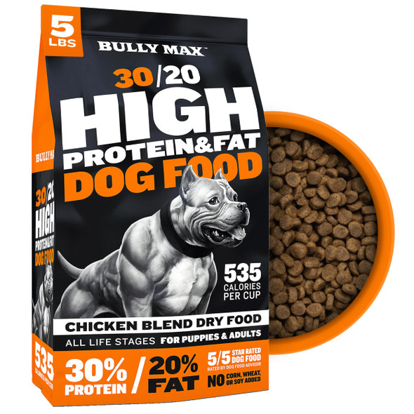 Bully Max Dry Dog Food For Adults & Puppies - High Protein & Fat For Muscle & Weight Gain - High Performance Dog Food Supplements - Small & Large Breed Dogs (535 Calories Per Cup) Chicken 15Lb Bag