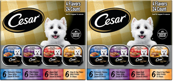 Cesar Loaf In Sauce Wet Dog Food Rotisserie Chicken Filet Mignon Angus Beef And Ham & Egg Flavors Variety Pack Wet Food For Dogs 3.5 Oz Easy Peel Trays 24 Count