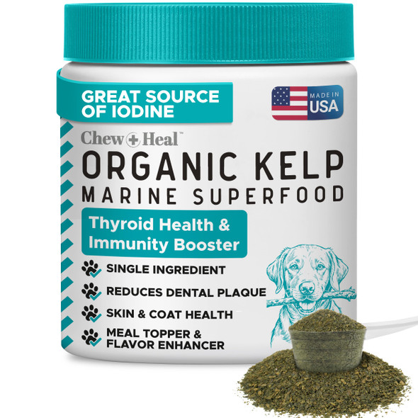 Sea Kelp Powder For Dogs - Thyroid Dental & Plaque Support Skin & Coat - Chew + Heal Labs Iodine-Rich 4 Oz Kelp Supplement Immune Health Natural Seaweed Meal Topper With 5Cc Spoon Made In Usa
