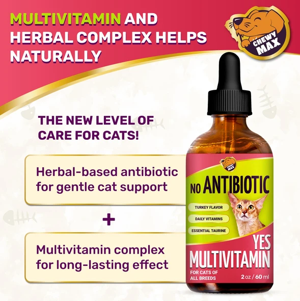 Chewy Max Cat Multivitamin Complex With Turkey Flavor Natural Cat Antibiotic Liquid Alternative To Help With Allergies Utis & Cough Herbal No Antibiotic Yes Multivitamin For All Breeds 2 Oz