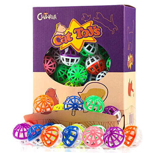 Chiwava 45Pcs 1.6'' Cat Toy Ball With Bell Plastic Lattice Jingle Balls Kitten Chase Pounce Rattle Toy Assorted Color