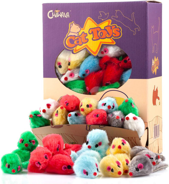 Chiwava 36Pcs 4.1'' Furry Cat Toy Mice Rattle Small Mouse Kitten Interactive Play Assorted Color