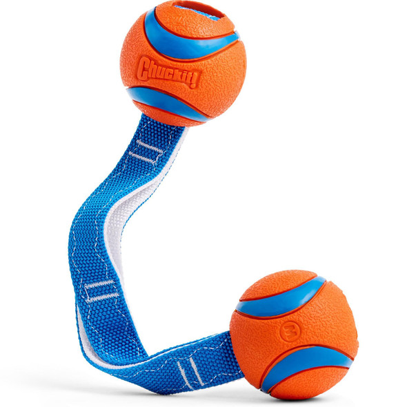 Chuckit Ultra Duo Tug Dog Toy - Two Ultra Balls On A Durable Nylon Cord Handle - Fetch And Tug-Of-War Toy For Dogs - Size Medium - For Breeds 20-60 Lbs - 2.5-Inch Diameter - Orange And Blue