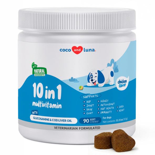 Coco And Luna Multivitamin For Dogs - Glucosamine Chondroitin For Joint Support + Digestive Enzymes & Probiotics - Cod Liver Oil & Vitamins With Coq10 For Skin & Heart Health Gut & Immune Support