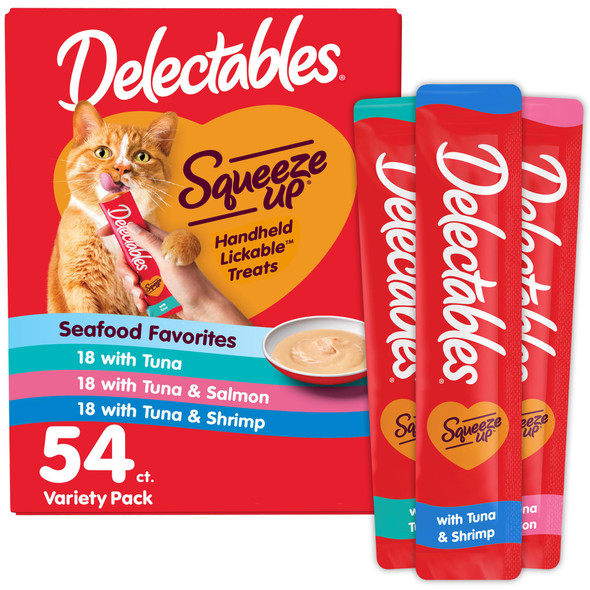 Delectables Squeeze Up Seafood Variety Pack Creamy Squeezable Puree Lickable Wet Cat Treats Grain No Added Fillers No By-Products No Added Preservatives 0.5 Ounces Tube 54 Tubes Total