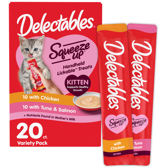 Delectables Squeeze Up Kitten Variety Pack Creamy Squeezable Puree Lickable Wet Cat Treats Grain No Added Fillers No By-Products No Added Preservatives 0.5 Ounces Tube 20 Tubes Total