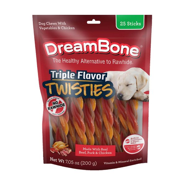 Dreambone Triple Flavor Twisties 25 Count Rawhide- Dog Chews Made With Real Beef Pork & Chicken 7.05 Ounce (Pack Of 1)