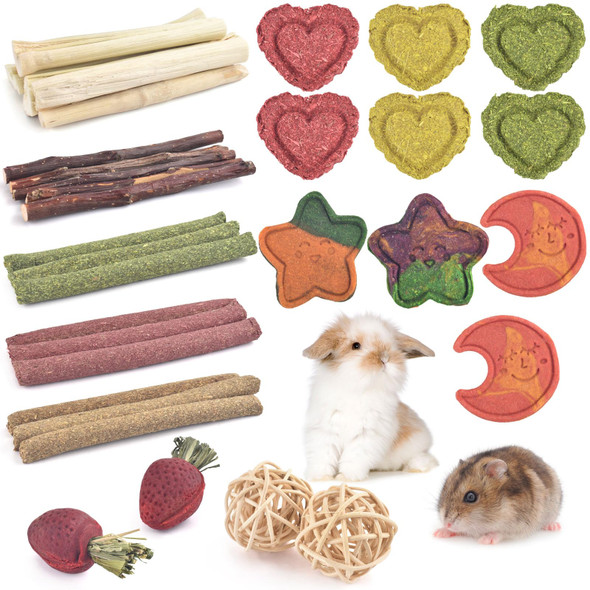 Erkoon 33Pcs Bunny Chew Toys For Rabbits Teeth Natural Rabbit Toys Apple Wood Sticks Carrot Timothy Grass Treats For Small Pets Hamster Chinchilla Guinea Pig Dental Care And Treat Teething Toys