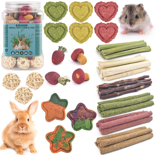 Erkoon 33Pcs Bunny Chew Toys For Rabbits Teeth Natural Rabbit Toys Apple Wood Sticks Carrot Timothy Grass Treats For Small Pets Hamster Chinchilla Guinea Pig Dental Care And Treat Teething Toys