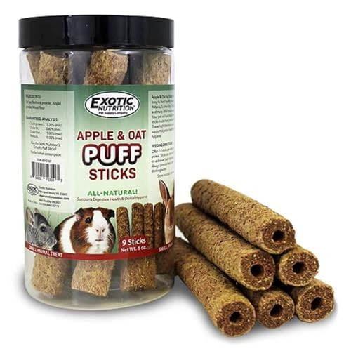 Exotic Nutrition Apple & Oat Puff Sticks (6 Oz.) - Healthy Natural High Fiber Chew Treat Made With Oat Hay - Rabbits Guinea Pigs Hamsters Chinchillas Degus Prairie Dogs Squirrels Skunks Opossums Small Pets