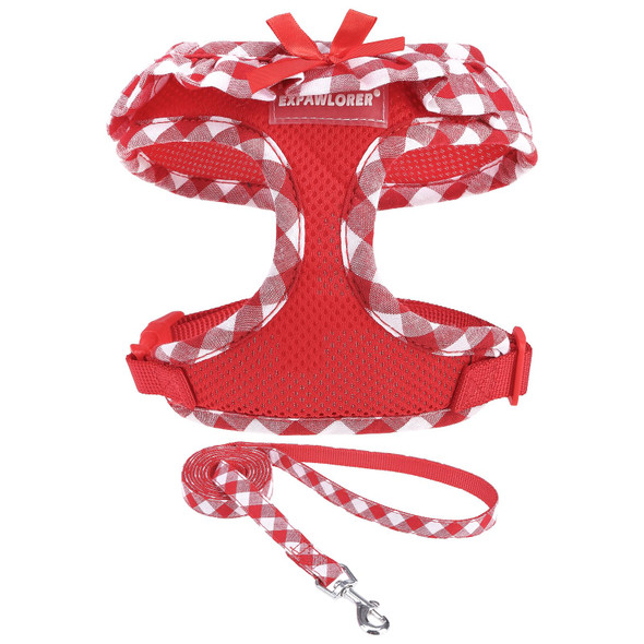 Expawlorer Cute Dog Harness Collar Leash Set - Pink Girl Dog Harness Checkered Step-In Design Detachable Bow Pet Collar Adjustable No-Choke Lightweight Mesh Vest For Cats Puppy Small Dogs S