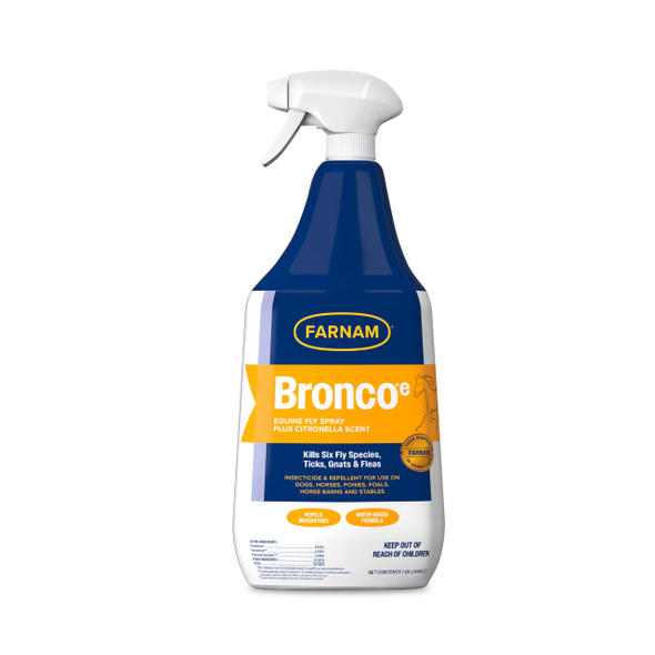 Farnam Broncoe Fly Spray Plus Citronella For Horses Dogs & Premises - Kills Flies Ticks Fleas Lice & Mosquitoes - Water-Based Non-Oily Multi-Purpose Insecticide - 32 Oz