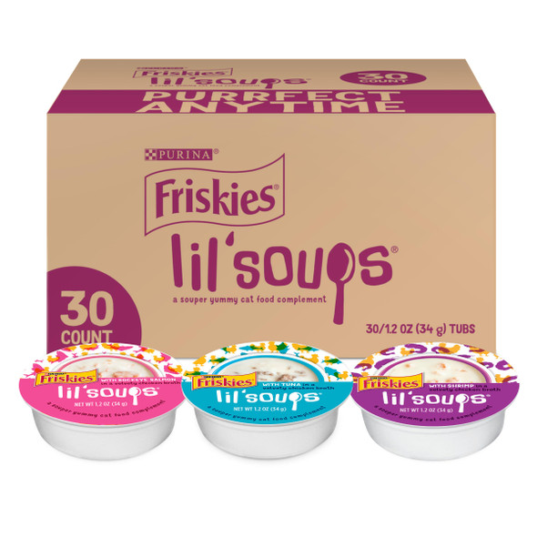 Friskies Purina Grain Wet Cat Food Lickable Cat Treats Variety Pack Lil' Soups With Salmon Tuna Or Shrimp - (Pack Of 30) 1.2 Oz. Cups