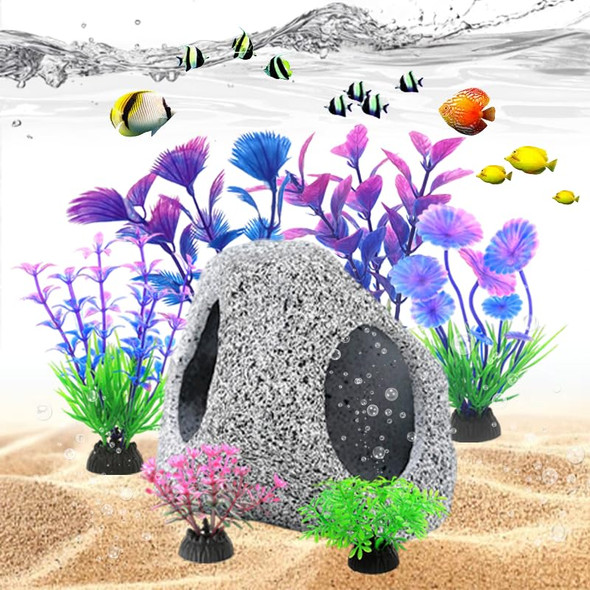 Gofylin Fish Tank Decorations Set Aquarium Decor Hideaway Rock Cave X 1Pc Decor Accessories Aquatic Plants X 6Pcs.
