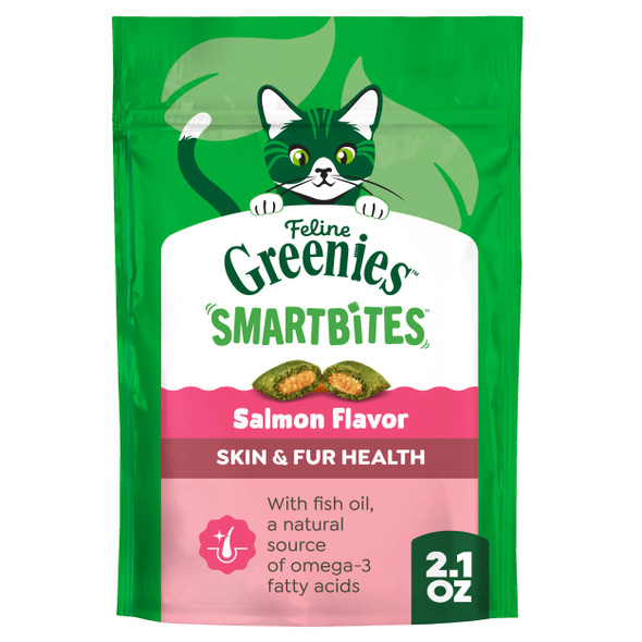 Greenies Cat Treats Feline Smartbites Skin & Fur Health Crunchy And Soft Cat Treats Salmon Flavor 2.1 Oz. Pack
