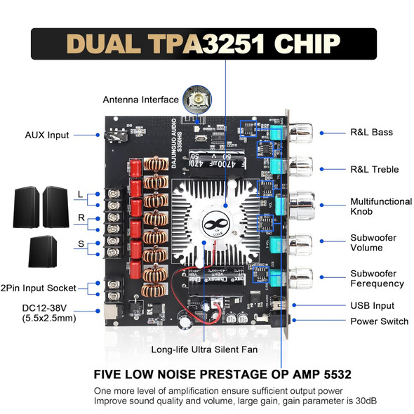 S350HS Bluetooth Power Amplifier Board 2.1 Channel TPA3251 Chip 220W×2+350W, 12V-38V Audio Power Amplifier Module with Treble and Bass Control S350HS Bluetooth Power Amplifier Board 2.1 Channel TPA3251 Chip 220W×2+350W, 12V-38V Audio Power Amplifier Module with Treble and Bass Control