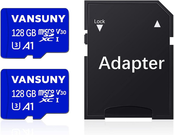 Vansuny Micro SD Card 128GB 2 Pack microSDXC Memory Card with SD Adapter A1 App Performance V30 4K Video Recording C10 U3 Micro SD for Phone, Security Camera, Dash Cam, Action Camera Vansuny Micro SD Card 128GB 2 Pack microSDXC Memory Card with SD Adapter A1 App Performance V30 4K Video Recording C10 U3 Micro SD for Phone, Security Camera, Dash Cam, Action Camera