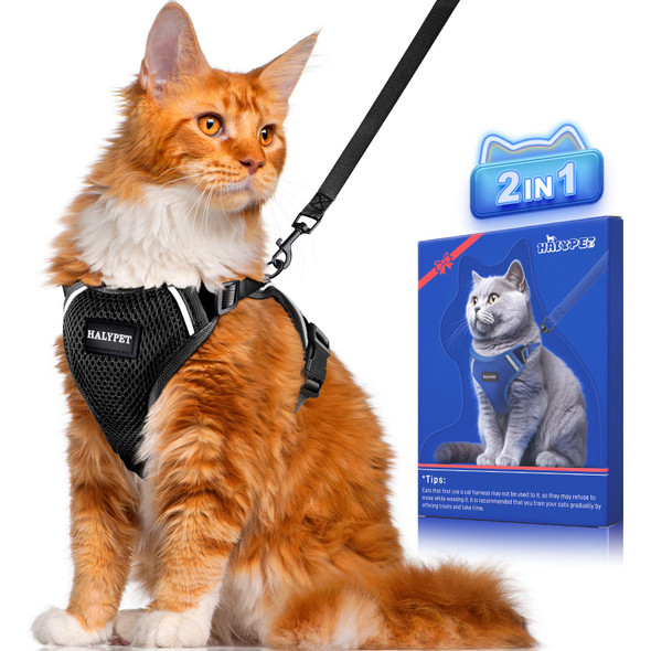 Halypet Cat Harness And Leash Set [ Max Safety Third Generation ] Escape Proof Soft Adjustable Cat Leash Breathable Comfortable Vest Easy To Wear Kitten Harness For Outdoor Walking Black
