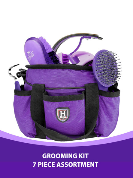 Harrison Howard Horse Grooming Brushes Kit 7 Pieces With Organizer Tote Equine Care Series Horse Brush Sets Purple