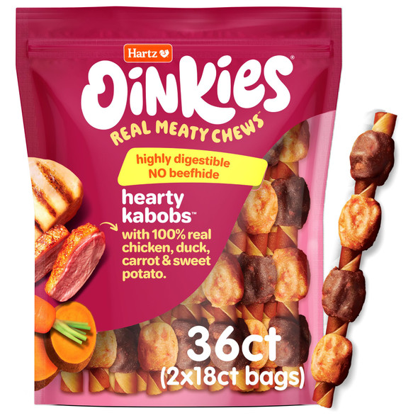 Hartz Oinkies Hearty Kabob Dog Treats With 100% Real Chicken Duck Sweet Potato & Carrot Rawhide- Natural Dog Treats Highly Digestible Long Lasting Chews 18 Count
