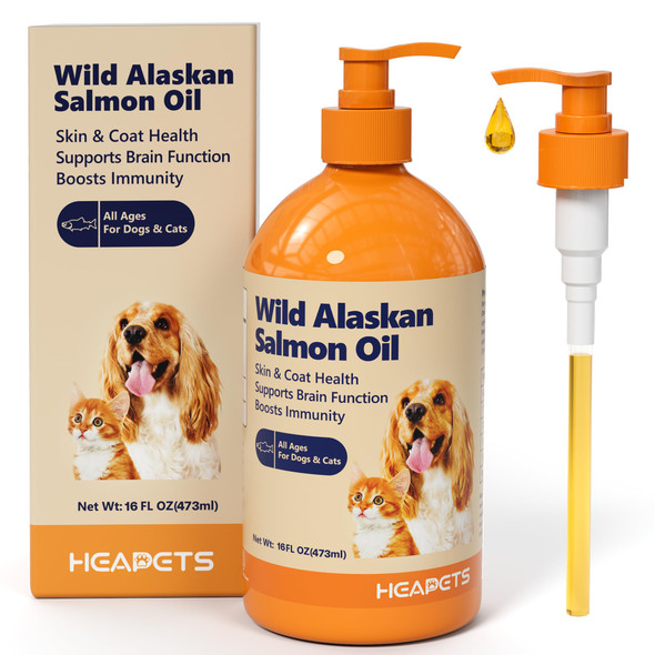 Heapets Wild Alaskan Salmon Oil For Dogs & Cats Fish Oil Omega 3 Supplements With Epa & Dha For Skin & Coat Immune Brain Joint And Heart Health Dog & Cat Fish Oil Supplements With Pump- 8 Oz