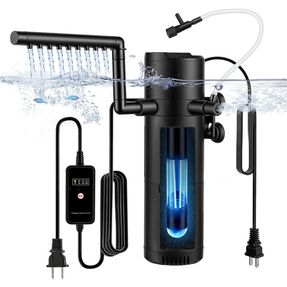 Hygger Aquarium U-V Filter With Filter Sponge U-V Light & Timer Submersible Pump Filter For Green Water Clean Internal Filter With Aeration & Rainfall For Fish Tank
